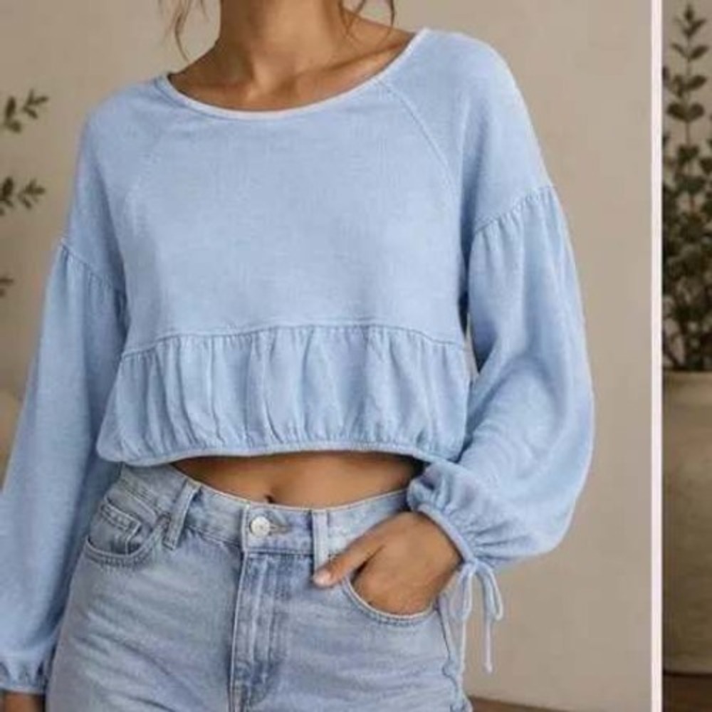 Aerie Women Top S Blue Peplum Cropped Waffle Knit Tie Cuff Puff Sleeve